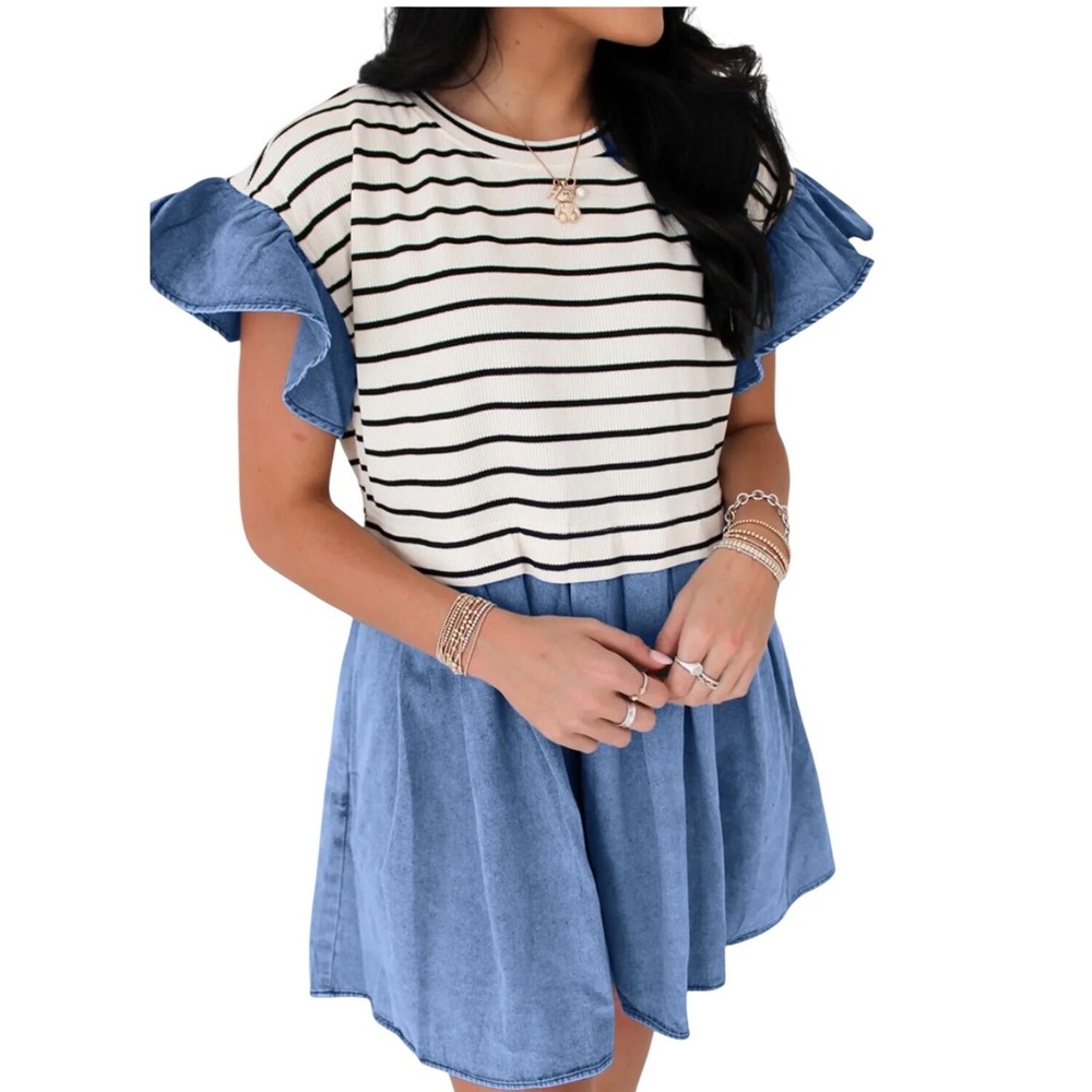 Entro Stripe &‎ Denim Patchwork Mini Dress Ruffle Sleeve Small ribbed EUC